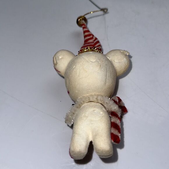 Vintage white flocked mouse Christmas tree ornament holding a candy cane - Picture 4 of 4